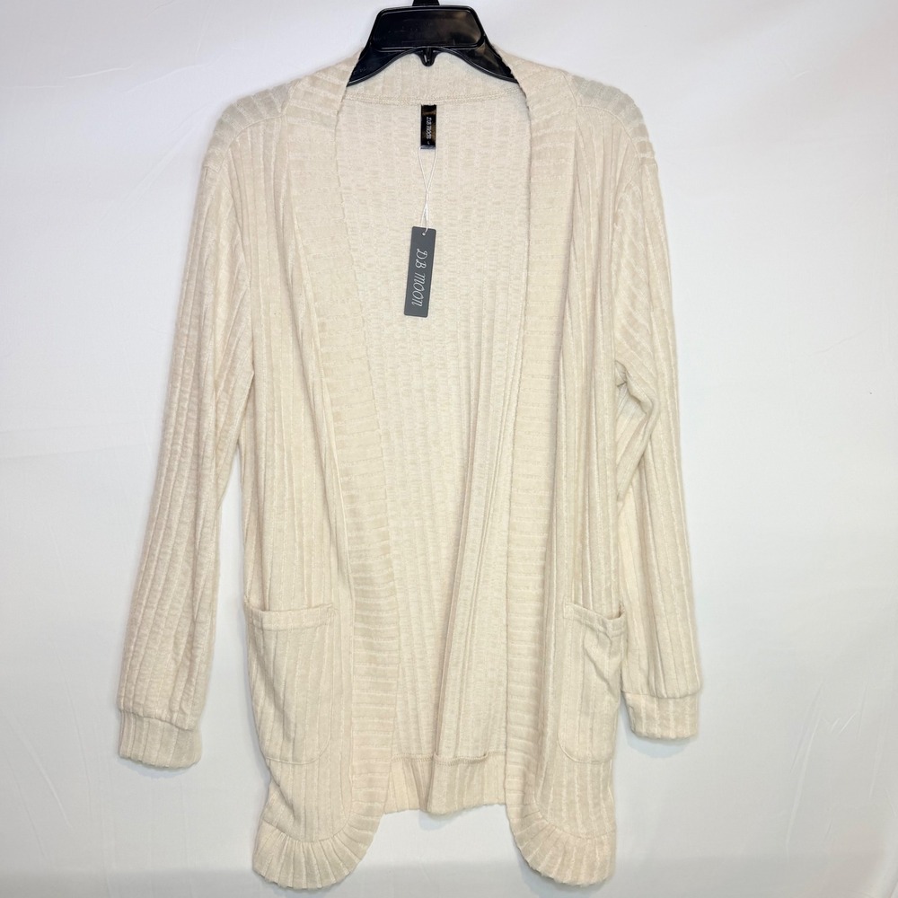 DB Moon Womens Cream Ribbed Knit Open Front Cardigan Sweater Pockets Large NEW